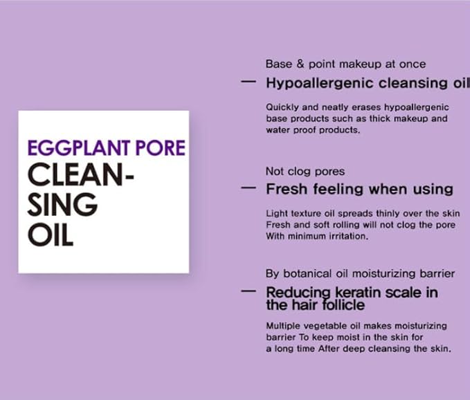 eyeNlip Eggplant Pore Cleansing Oil 5.07 fl oz - Lightweight Oil Cleanser with Jojoba, Olive & Macadamia Oils to Dissolve Makeup and Balance Oily Skin, Korean Skincare