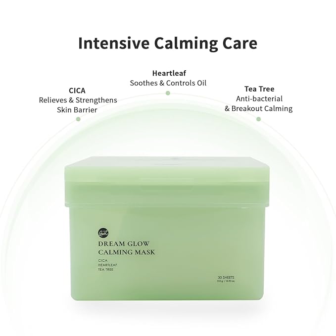 glowiest Dream Glow Cica Calming Sheet Mask (30 Count) | Centella Asiatica, Heartleaf & Tea Tree | Daily Hydrating & Soothing Face Mask | Sensitive Skin Care | Korean Skincare
