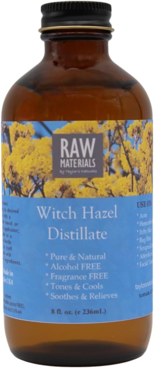 RAW MATERIALS Witch Hazel Distillate, Alcohol-Free, Fragrance-Free, Natural Astringent Toner for Face, Skin Brightening, 8oz Glass Bottle