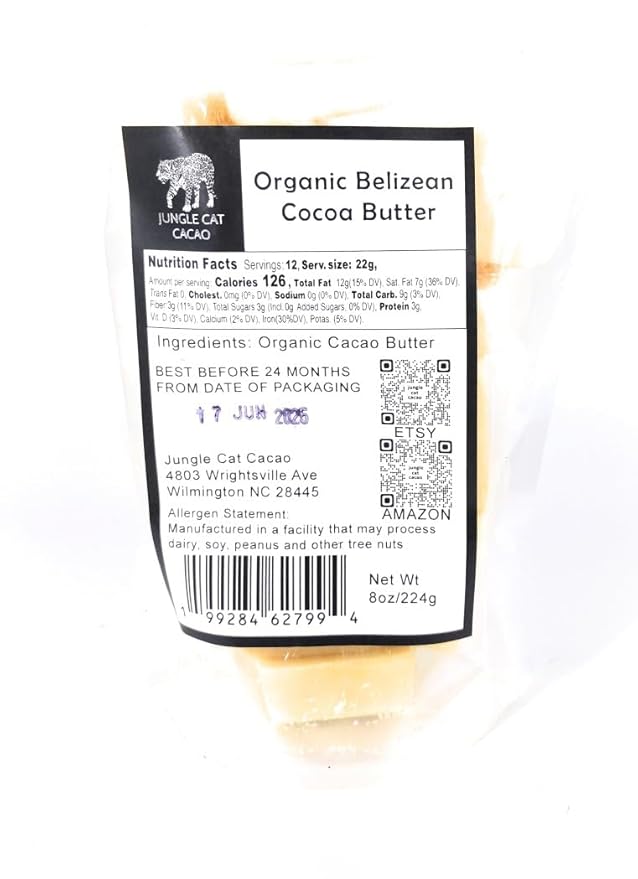 Jungle Cat Cacao Organic Belizean Cocoa Butter - 8oz - Pressed From Fresh Roasted Cacao - Tropical Aroma - Food Grade