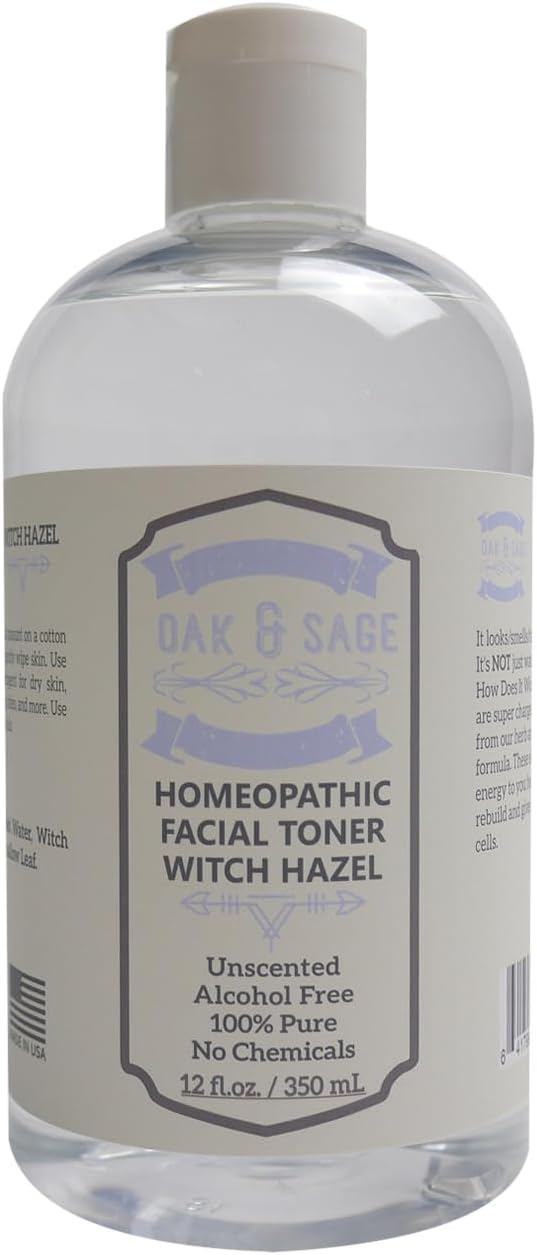 Oak & Sage Homeopathic Facial Toner Witch Hazel Unscented - 12oz Astringent, 100% Pure, No Alcohol, No Additives
