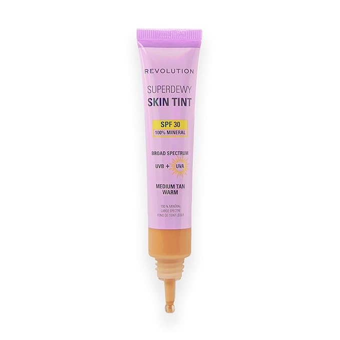 Revolution Superdewy SPF 30 Skin Tint, Tinted Mineral Face Foundation, Buildable Coverage for Facial Glow, 12% Zinc Oxide, Vegan & Cruelty-Free, Medium Tan Warm