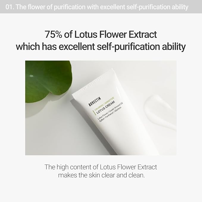 ROVECTIN Calming Lotus Cream – Lightweight Hydrating & Soothing Moisturizer Face Cream for Sensitive Skin | 75% Lotus Water Extract & Niacinamide for Anti-Aging | Vegan Korean Skincare (2.03 fl oz)
