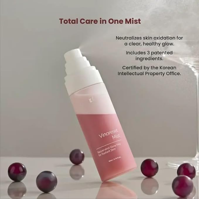 KI Vinoreset Mist Resveratrol Glow Mist for Radiant Skin - Resveratrol Infused Hydrating Mist for Daily Use Moisturizer Moisture 80ml / 2.70 fl.oz.