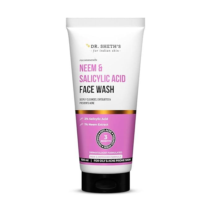 Dr. Sheth’s Neem & Salicylic Acid Face Wash | Deeply Cleanses & Unclogs Pores | Controls Acne, Blackheads & Oil | Unisex BHA Cleanser | 3.38 Fl Oz/100 ml