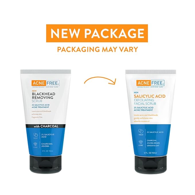 Acne Free Salicylic Acid Exfoliating Face Scrub, 2% BHA Blackhead Remover & Acne Treatment, Deep Cleanse with Charcoal & Jojoba Beads, Gentle Exfoliation with Ginger & Oats, 5 Ounce