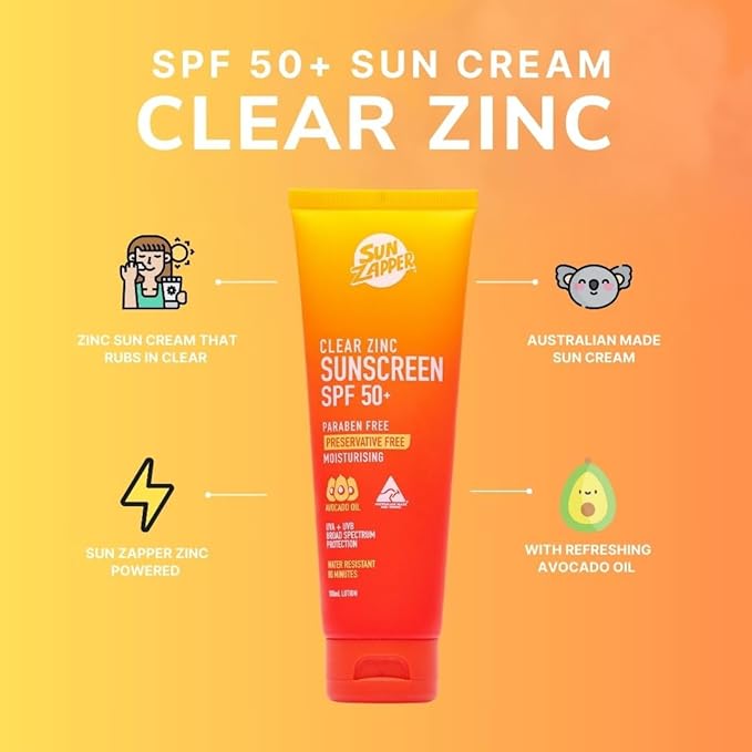 Sun Zapper Clear Zinc Sunscreen Lotion SPF 50+ – Zinc Oxide Sunscreen for Face and Body, Water Resistant Broad Spectrum Sunblock, No White Cast, Oxybenzone Free, 100mL (3.4 oz), Australian Made