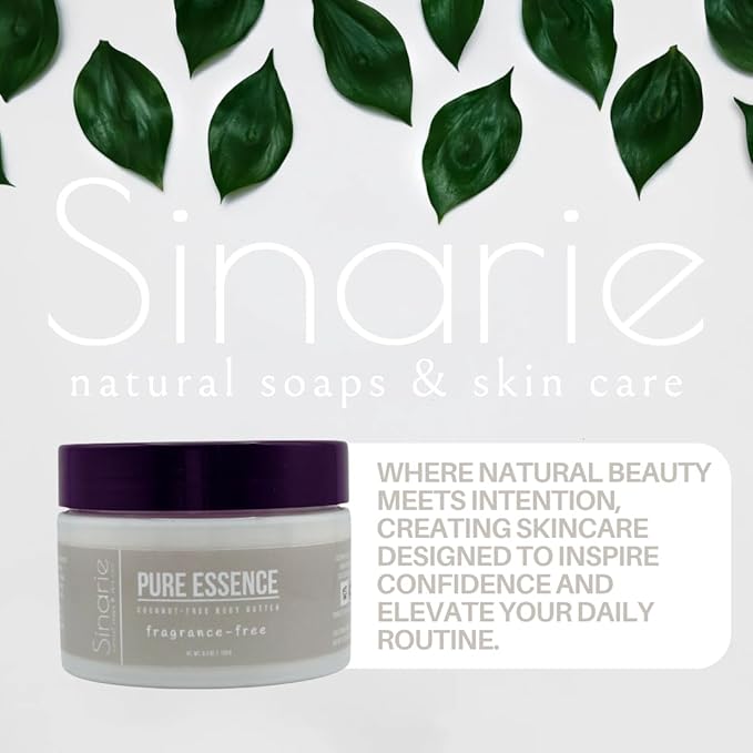 Sinarie Coconut-Free Body Butter | Luxurious Hydration with Shorea Butter, Evening Primrose Oil, Argan & Moringa Oil | Non-Greasy, Natural Ingredients | For Sensitive Skin (5.3 oz., Pure Essence)