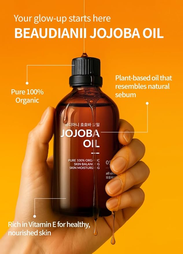 BEAUDIANI Organic Jojoba Oil 100ml (3.38 fl.oz) 100% Pure Natural Golden Oil, Cold Pressed Virgin, Vitamin E Oil, Moisturizer for Skin, Face, Body, Hair, Nail, Israel Origin