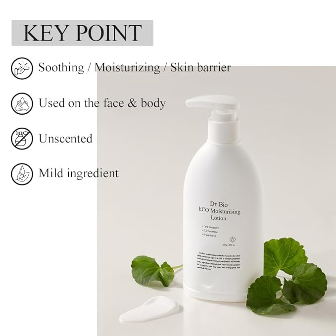 Dr.Bio Eco Moisture Lotion, Body & Face Daily Moisturizer for Sensitive Skin Types with Ceramide Shea Butter, Probiotics & Cica, Organic & Vegan, Fragrance-Free, Hypoallergenic Korean Skincare
