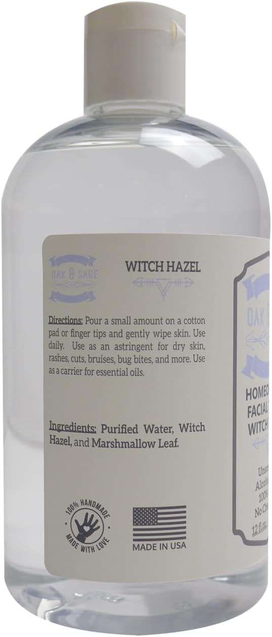 Oak & Sage Homeopathic Facial Toner Witch Hazel Unscented - 12oz Astringent, 100% Pure, No Alcohol, No Additives