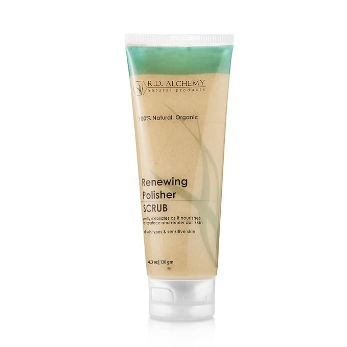 RD Alchemy - 100% Natural & Organic Renewing Polisher Face Scrub for Brightened Skin Complexion. Brightening Facial Scrub Gently Exfoliates using Jojoba Beads, AHAs, Rice Bran, & more