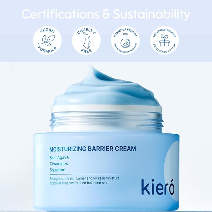 Kiero Moisturizing Barrier Cream - Hydrating Daily Face Moisturizer with Blue Agave, Ceramides & Squalane for All Skin Types - Vegan, Soothing Facial Lotion Barrier Repair Korean Skin Care (1.76 oz)