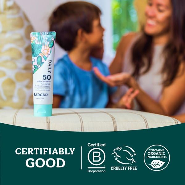 Badger SPF 50 Daily Mineral Sunscreen with Zinc Oxide, 85% Organic, Lightweight & Easy to Apply, No White Cast, Moisturizing, Reef Safe, Vegan, Unscented, 4 fl oz, 2 Pack