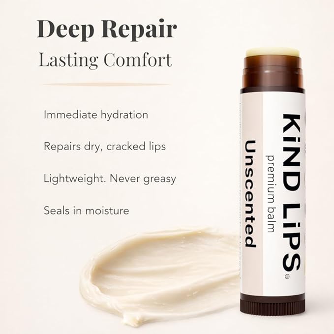 Kind Lips Unscented Lip Balm (2 Pack) – Fragrance Free, Organic & Hypoallergenic Lip Balm for Sensitive, Dry Lips – Everyday Hydration at Home & On the Go