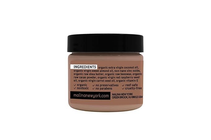 Malina™ Organic Chocolate Tinted Natural Sunscreen | SPF 30+ | Nontoxic | Reef-Safe | No Preservatives | No Synthetic Fragrance | 3 Shades | With Non-Nano Zinc-Oxide (2 Fl Oz, Medium)