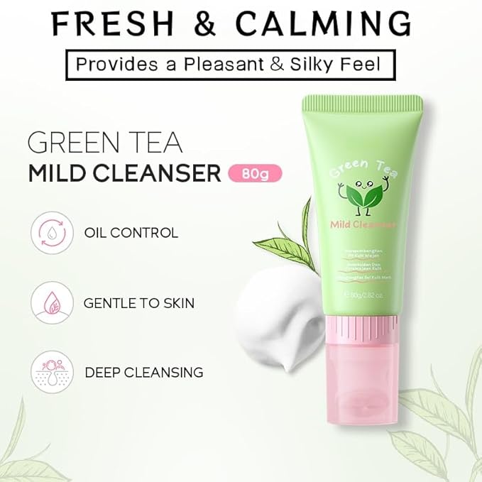 Green Tea Foaming Facial Cleanser | Sulfate-Free Paraben-Free | Gentle Sensitive/All Skin Types Daily Cleanser | Oil Control, Pore Cleansing, Sustained Hydration | Non-Comedogenic 80g / 2.82 oz