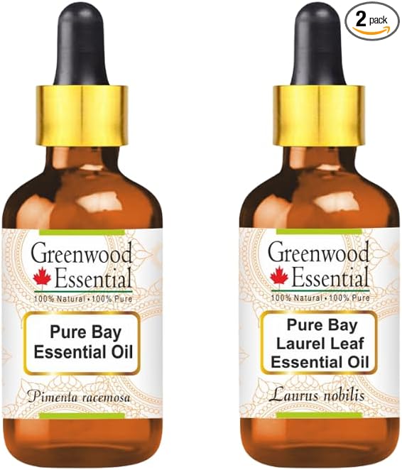 Greenwood Essential Pure Bay Essential Oil (Pimenta racemosa) with Two Glass Droppers Steam Distilled (Pack of Two) 30ml X 2 (2 oz)