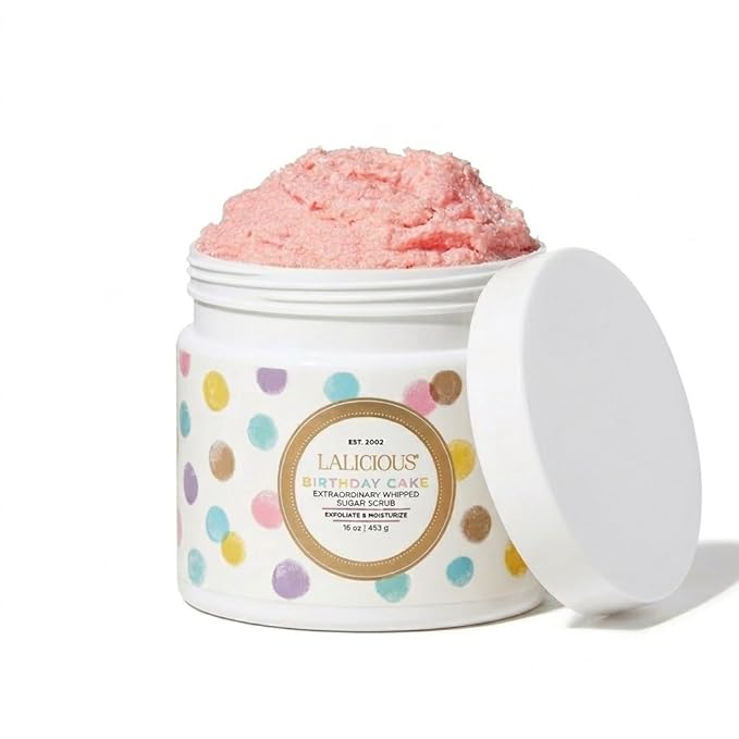 LALICIOUS Birthday Cake Extraordinary Whipped Sugar Scrub - Pink Shimmer Body & Foot Scrub, Exfoliating & Moisturizing Skin Care with Coconut Oil & Honey, No Parabens (16oz)