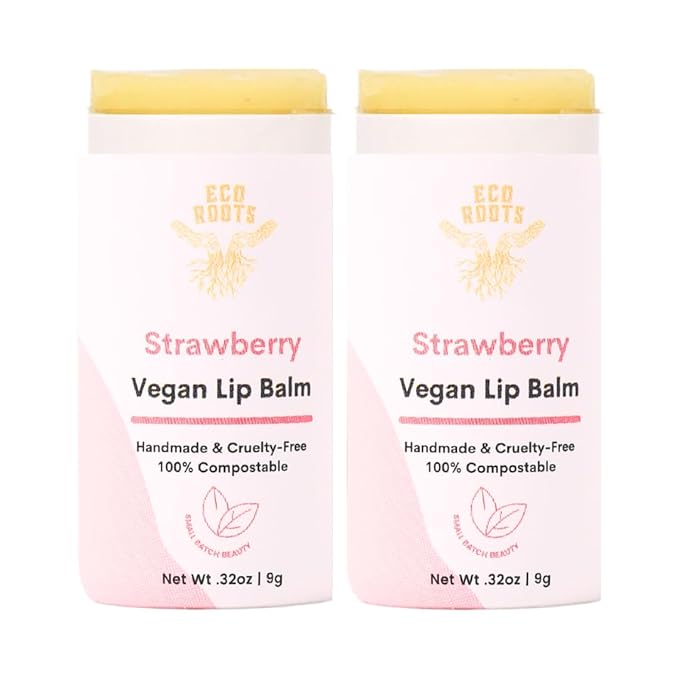 Strawberry Scented Lip Balm 2 Pack - Vegan and Organic Lip Moisturizer - Cruelty-Free, Eco-Friendly - Made in USA with Compostable Packaging - Artfully Crafted Lip Balm Set