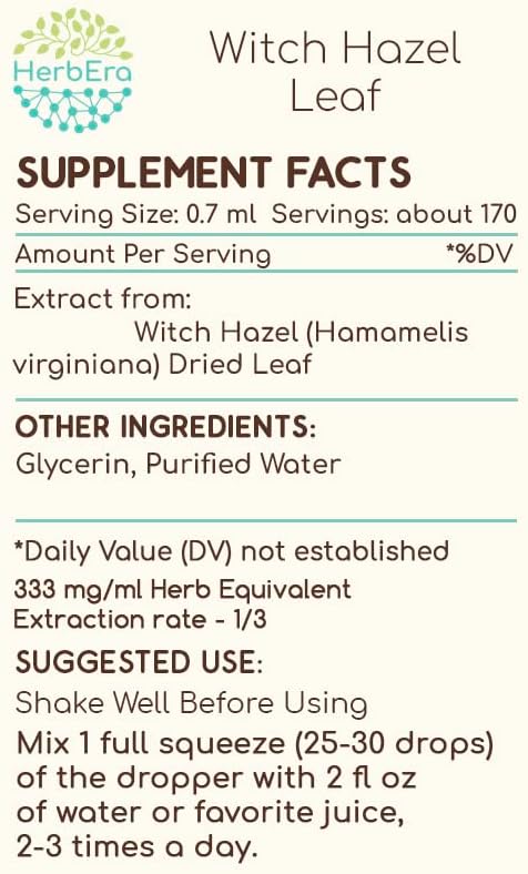 HerbEra Witch Hazel Leaf B120 Alcohol-Free Herbal Extract Tincture, Concentrated Liquid Drops Natural Hamamelis virginiana Dried Leaf (4 fl oz)