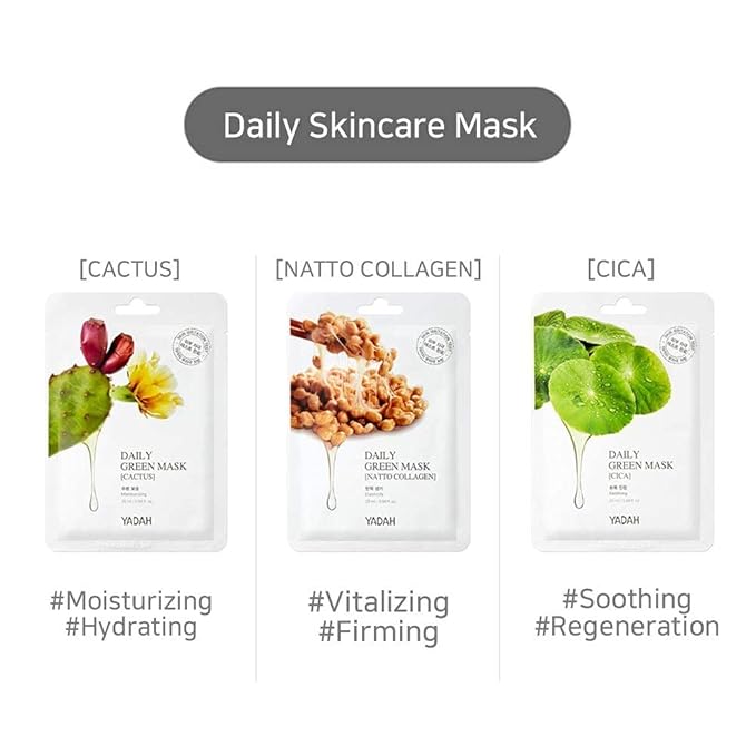 YADAH Daily Green Facial Sheet Mask, Cactus, Pack of 5 – Vegan for Skin Soothing