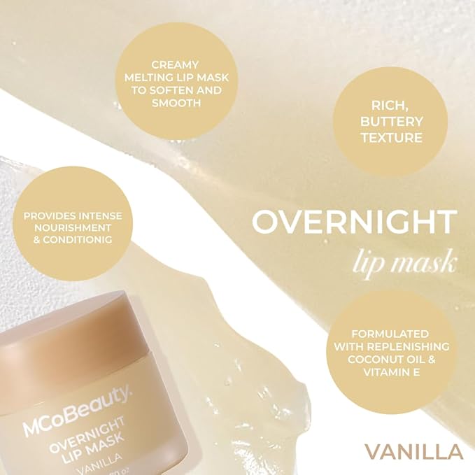 MCoBeauty Double Duty Lip Mask Vanilla - Hydrating Lip Balm with Coconut Oil Vitamin E Hyaluronic Acid - Overnight Lip Mask Treatment for Dry Lips - Tinted Lip Care, Vegan Cruelty Free - 15g