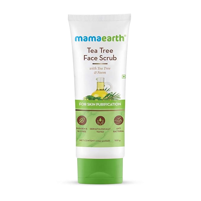 Mamaearth Tea Tree & Neem Face Scrub for Skin Purification | Gently Exfoliates & Cleanses Dirt | Controls Acne & Excess Oil | Suits All Skin Types | 3.53 Oz (100 g)