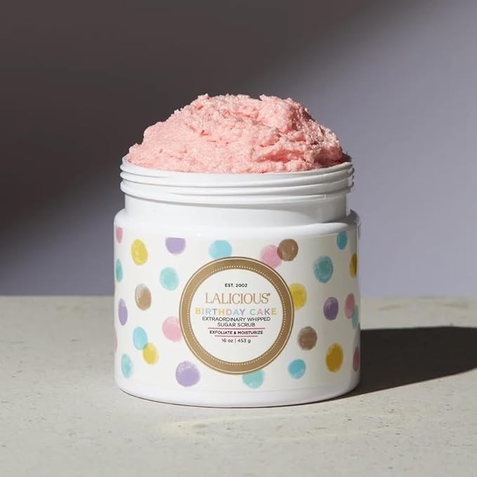 LALICIOUS Birthday Cake Shimmering Sugar Scrub for Body, Exfoliating Body Scrub, Moisturizing Body Exfoliator with Coconut Oil & Honey for Radiant Skin, Zero Greasy, No Parabens | TRAVEL SIZE (2oz)