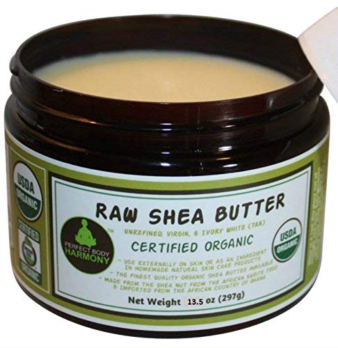 Unrefined Raw Shea Butter - Certified Organic; Premium, Imported African Ivory (Tan); 13.5 oz Lg Dark BPA Free JAR; Moisturizer Face, Body, Skin, Hair; Ingredient DIY Home Made Body Butters Skincare