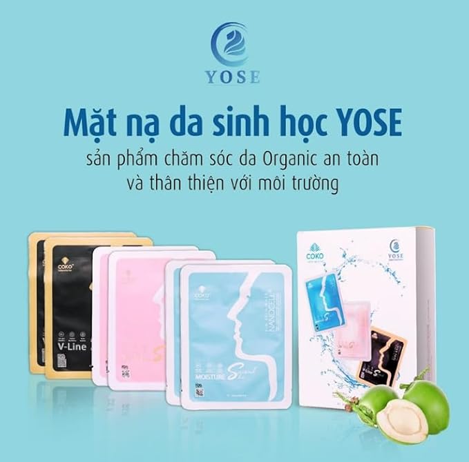 Yose Bio Mask Vegan Coconut Water Mask Sheet Hydration and Moisture Skin Rejuvenation Revitalization and Brightening Anti Aging Mat Na Sinh Hoc Yose Bio - (6 Packs/Box)