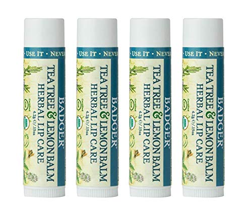 Badger Tea Tree Classic Lip Balm, 100% Organic Lip Balm, Moisturizing Herbal Lip Care w/Light Silky Texture, Soothing & Refreshing Lip Care for Irritated or Chapped Lips, 4 Pack