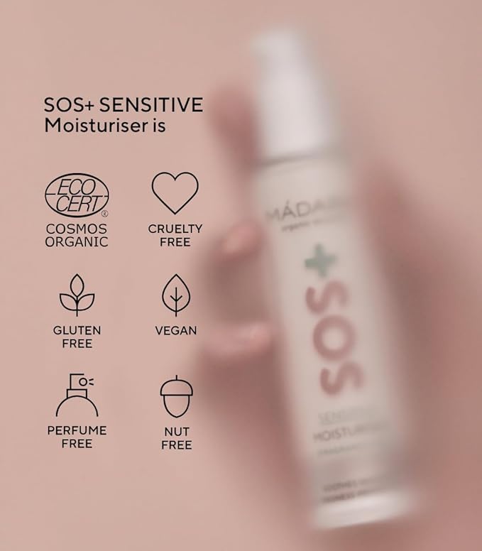 MÁDARA SOS Sensitive Moisturiser 50 ml, Fragrance-Free Face Moisturizer for Sensitive, Redness-Prone Skin, Hydrating Cream with Hyaluronic Acid, Jojoba Oil and Red Algae, Organic Certified