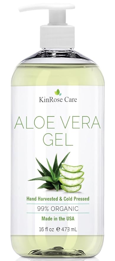 KinRose Care, 16oz Organic Aloe Vera Gel for Face, Skin, Hair & Sunburn Relief - From 100 Percent Pure Aloe Vera - Cold Pressed, Vegan, Unscented - Made in USA.