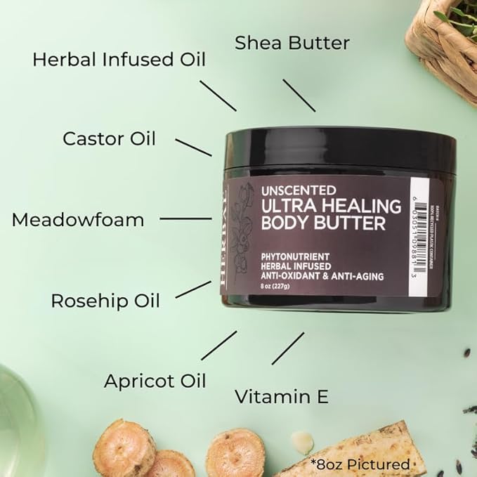 Ora's Amazing Herbal Ultra Healing Body Butter, Intensive Unscented Moisturizer For Dry Skin, Fragrance Free Skin Cream, 8 oz Large