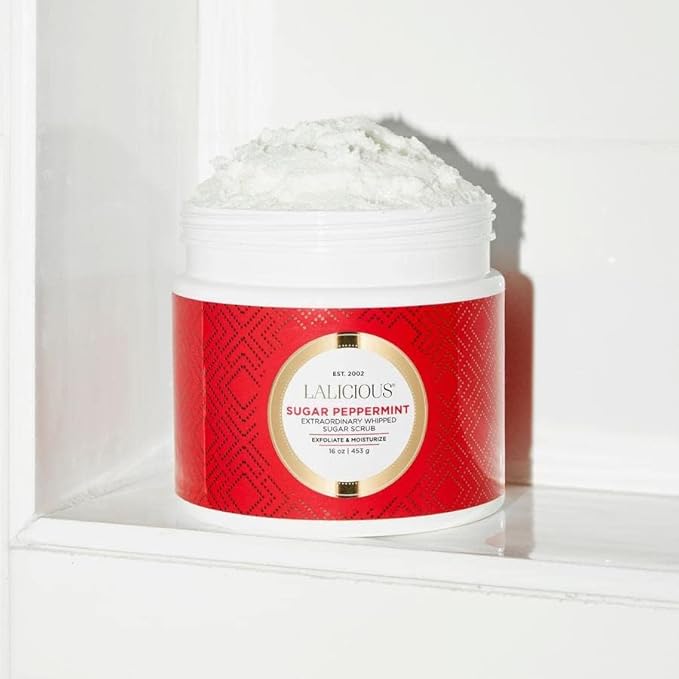 LALICIOUS Sugar Peppermint Extraordinary Whipped Sugar Scrub - Cane Sugar Body & Foot Scrub, Exfoliating & Moisturizing Skin Care with Coconut Oil & Honey, No Parabens (16oz)