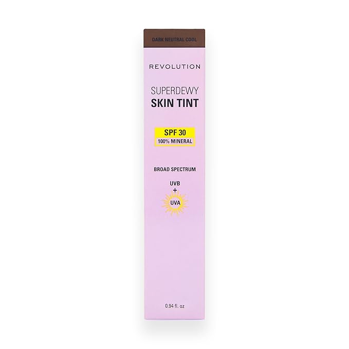 Revolution Superdewy SPF 30 Skin Tint, Tinted Mineral Face Foundation, Buildable Coverage for Facial Glow, 12% Zinc Oxide, Vegan & Cruelty-Free, Dark Neutral Cool