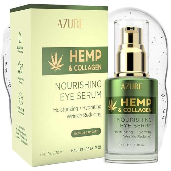 Azure Cosmetics Hemp & Collagen Nourishing Eye Serum - Moisturizing, Firming & Toning, Reduces Wrinkles, Fine Lines & Under Eye Bags, Restores Tired, Dehydrated Skin | Made in Korea - 30mL / 1 fl.oz.