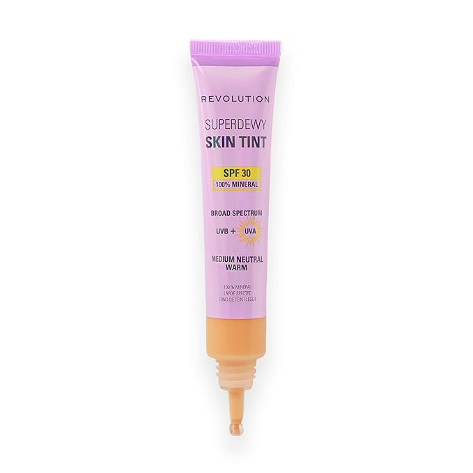 Revolution Superdewy SPF 30 Skin Tint, Tinted Mineral Face Foundation, Buildable Coverage for Facial Glow, 12% Zinc Oxide, Vegan & Cruelty-Free, Medium Neutral Warm