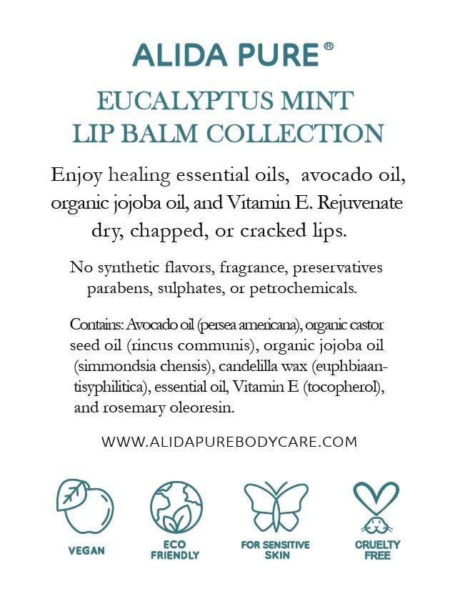 ALIDA PURE Eucalyptus Mint Lip Balm Collection, Vegan, Lip Balm, Beeswax Free, with Avocado Oil, Organic Jojoba Oil, and Vitamin E, Natural Moisturizer for Dry, Chapped Lips, 3 Tube Set
