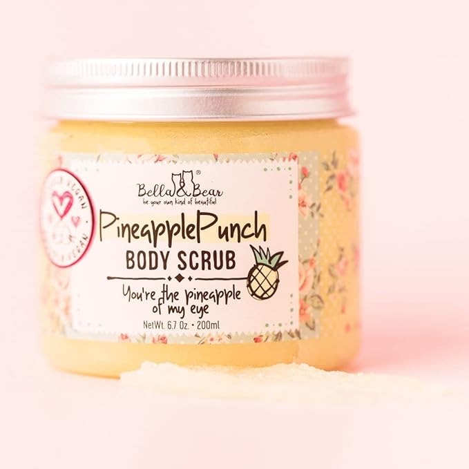 Bella & Bear Pineapple Body Scrub Exfoliator – Vegan Sugar Scrub, Travel Size 3.4 oz, Fresh Pineapple Scent