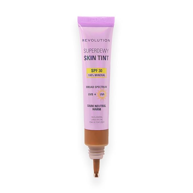 Revolution Superdewy SPF 30 Skin Tint, Tinted Mineral Face Foundation, Buildable Coverage for Facial Glow, 12% Zinc Oxide, Vegan & Cruelty-Free, Dark Neutral Warm