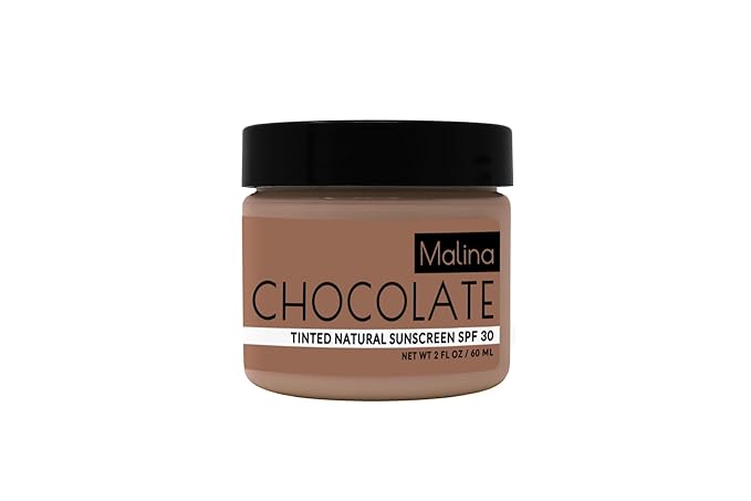 Malina™ Organic Chocolate Tinted Natural Sunscreen | SPF 30+ | Nontoxic | Reef-Safe | No Preservatives | No Synthetic Fragrance | 3 Shades | With Non-Nano Zinc-Oxide (0.5 Fl Oz, Medium)