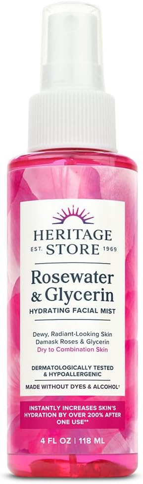 HERITAGE STORE Rosewater & Glycerin Hydrating Facial Mist - Dry Combination Skin Care - Rose Water Spray w/Vegetable Glycerine, Made Without Dyes or Alcohol, Hypoallergenic, 4 Fl Oz