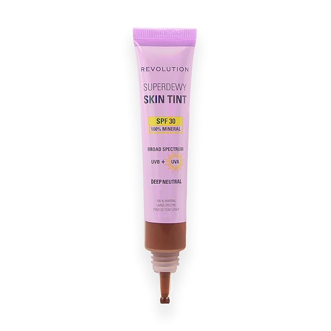 Revolution Superdewy SPF 30 Skin Tint, Tinted Mineral Face Foundation, Buildable Coverage for Facial Glow, 12% Zinc Oxide, Vegan & Cruelty-Free, Deep Neutral