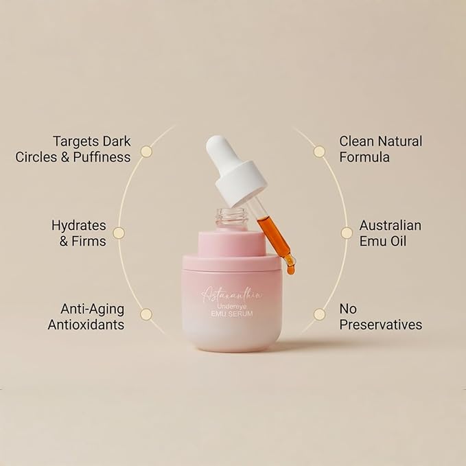 Astaxanthin Under Eye Serum with EMU oil - 0.67 fl. oz./ 20 mL | Emu oil serum | Powerful antioxidant astaxanthin | Sea Buckthorn, Squalane, Aloe Vera, Coffee |Preservative free | 100% Natural
