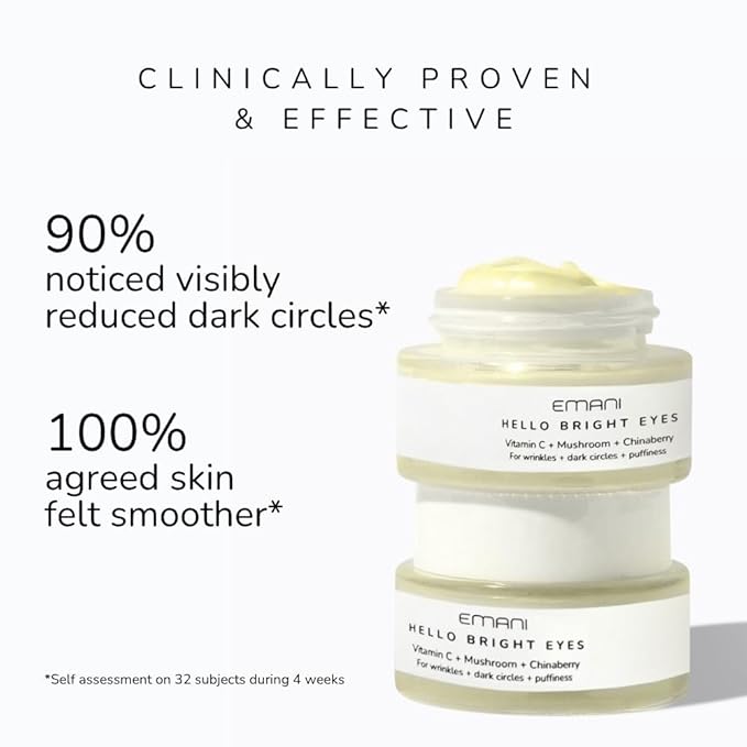 Emani Hello Bright Eyes- Vitamin C Eye Cream for Dark Circles & Puffiness - 8.5% Vitamin C, Caffeine, Reishi Mushroom, Peptides, Hyaluronic Acid - Anti-Aging, Vegan & Cruelty-Free - 1 oz