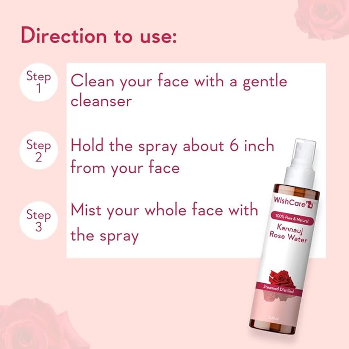 WishCare 100% Pure & Natural Rose Water Liquid - for Skin, Face & Hair - Steam Distilled - Kannauj Gulab Jal - Spray Skin Toner - Free from Paraben, Alcohol & Chemicals - 200 ml