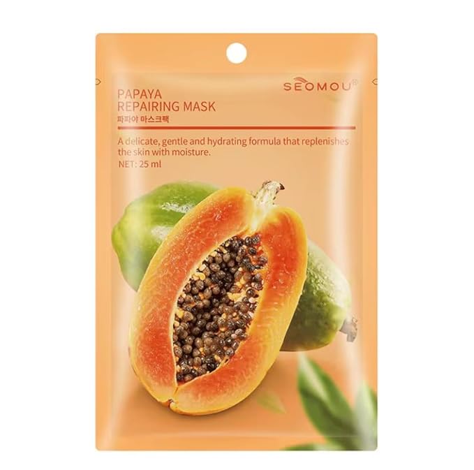 Natural Facial Sheet Mask, Moisturizing Hydrating Fruit Facial Mask For All Skin Types,5 count (Papaya Repairing Facial Mask)