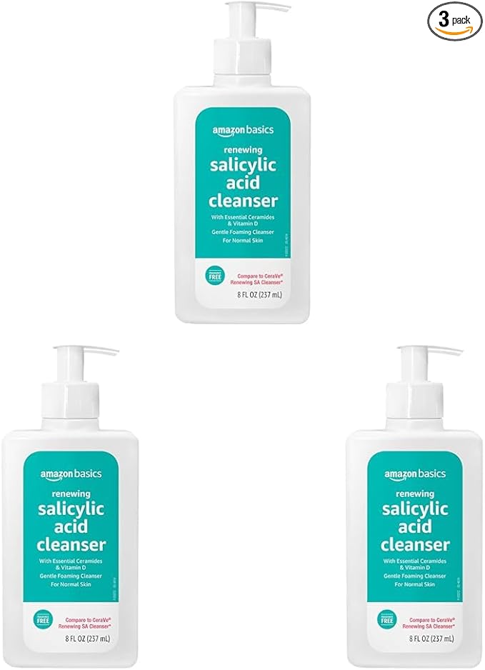 Amazon Basics Exfoliating Face Wash Cleanser, Renewing Salicylic Acid with Ceramides & Vitamin D, Foaming Formula, Smooths Skin, 8 fl oz (Pack of 3)